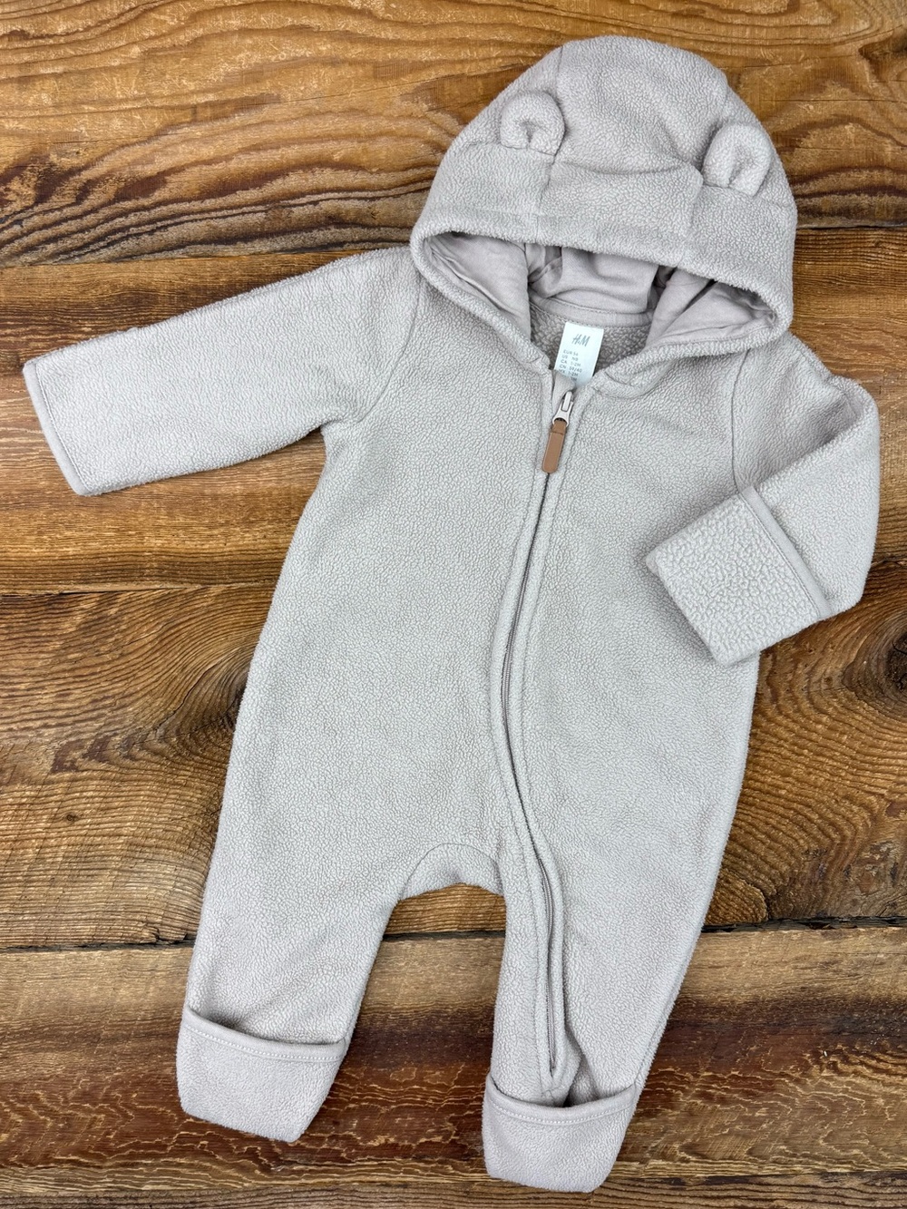 H&M Light Beige Teddy Fleece Hooded Baby One-Piece